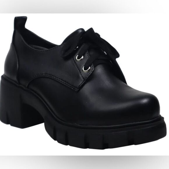 Faux Leather Platform Black Oxford Lace Lug Sole Chunky Block Heel Booties 7.5 - Picture 1 of 6